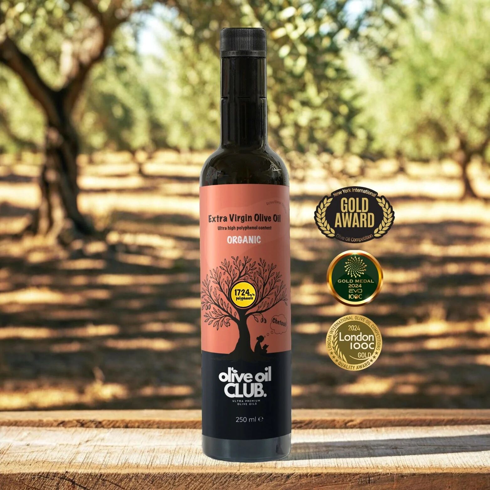 Chetoui olijfolie van Olive Oil Club met geel etiket 1724 polyfenolen