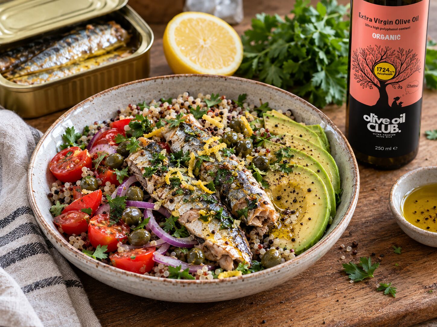 Mediterrane sardientjes-bowl met de Chetoui olijfolie van Olive Oil Club