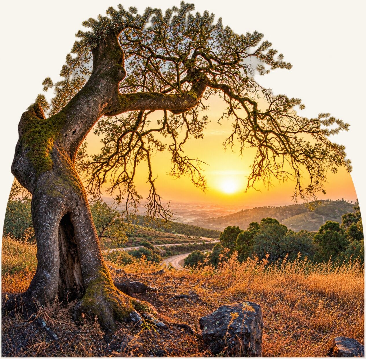 Olijfboom in een mediterraan landschap bij zonsondergang, uit het oorspronkelijke Canva-artikel