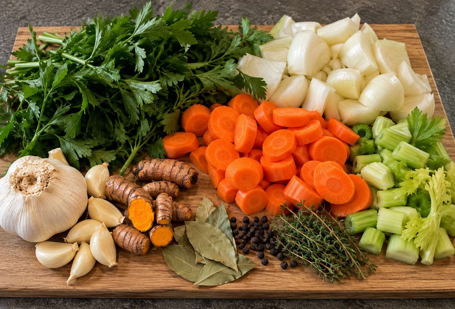 Verse biologische ingrediënten voor zelfgemaakte bottenbouillon, waaronder botten, groenten, kurkuma en kruiden